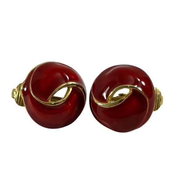 Vintage Red Enamel Clip On Earrings Gold Tone Swirl Knot Design Bold Statement - Picture 6 of 6